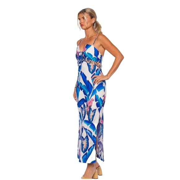 Farm Rio Blue Foliage Linen Laced Front Maxi Dress White Blue XL - Picture 5 of 13